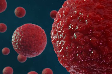 3D illüstrasyon yumurta hücreleri embriyo. Merkezinde kırmızı çekirdeği olan embriyo hücreleri. İnsan veya hayvan yumurta hücreleri. Tıp bilimsel kavramı. Mikroskop altında hücresel düzeyde kalkınma yaşayan organizma.