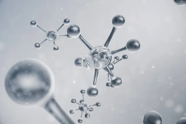 3D απεικόνιση της δομής των μορίων. Επιστημονικό ιατρικό υπόβαθρο με άτομα και μόρια. Επιστημονικό υπόβαθρο για το πανό, το Φέιγ βολάν, το πρότυπο, το κείμενο. Το μόριο αποτελείται από άτομα χημικού στοιχείου — Φωτογραφία Αρχείου