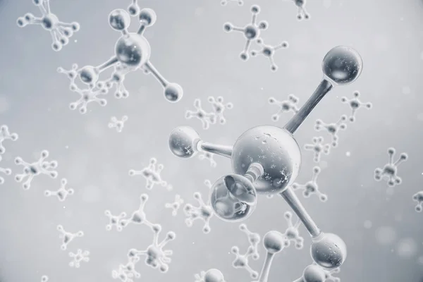 Молекулярная структура 3D иллюстрации. Научное медицинское образование с атомами и молекулами. Научный фон для Вашего баннера, флаера, шаблона, текста. Молекула состоит из химического элемента атомов — стоковое фото