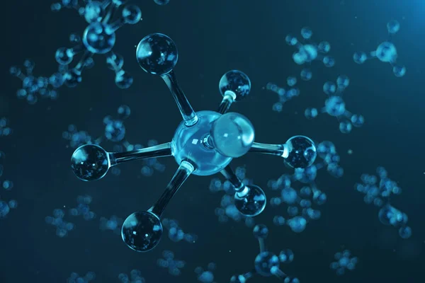 Struktura cząsteczki ilustracji 3D. Naukowe tło medyczne z atomami i cząsteczkami. Naukowe tło dla Twojego bannera, ulotki, szablonu, tekstu. Cząsteczka składa się z atomów pierwiastka chemicznego — Zdjęcie stockowe