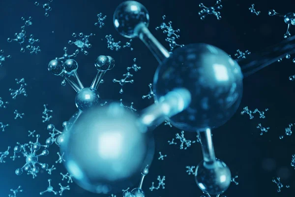 Illustration 3D structure moléculaire. Expérience médicale scientifique avec des atomes et des molécules. Arrière-plan scientifique pour votre bannière, flyer, modèle, texte. Molécule se compose d'atomes élément chimique — Photo