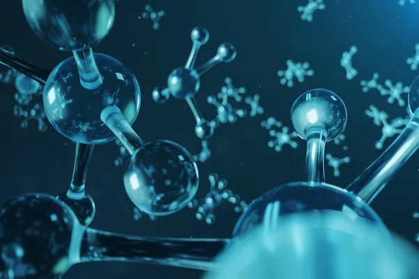 3D απεικόνιση της δομής των μορίων. Επιστημονικό ιατρικό υπόβαθρο με άτομα και μόρια. Επιστημονικό υπόβαθρο για το πανό, το Φέιγ βολάν, το πρότυπο, το κείμενο. Το μόριο αποτελείται από άτομα χημικού στοιχείου — Φωτογραφία Αρχείου