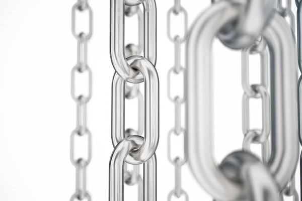 Ilustración 3D cadenas metálicas. Metal, cadenas de acero aisladas sobre fondo blanco. Cadenas metálicas para industrial. Fuerte concepto de enlace. Fondo de cadenas metálicas para su diseño, diseño de plantilla, texto . —  Fotos de Stock