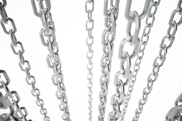 3D ilustrace kovových řetězců. Kov, ocelové řetězy izolované na bílém pozadí. Kovové řetězy k průmyslovému. Koncept silného spojení. Pozadí kovových řetězů pro vaše rozložení, návrh šablony, text. — Stock fotografie