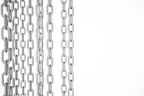 3d イラストレーションメタルチェーン。金属、白い背景に隔離された鋼鉄鎖。産業用金属チェーン。強力なリンクの概念。あなたのレイアウト、テンプレートデザイン、テキストのための金属チェーンの背景. — ストック写真