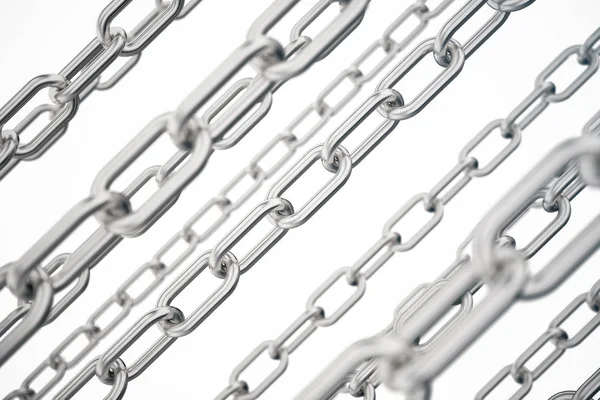 3D ilustrace kovových řetězců. Kov, ocelové řetězy izolované na bílém pozadí. Kovové řetězy k průmyslovému. Velmi odolné kovové řetězy, koncept úspěchu. Koncepce silných vazeb — Stock fotografie