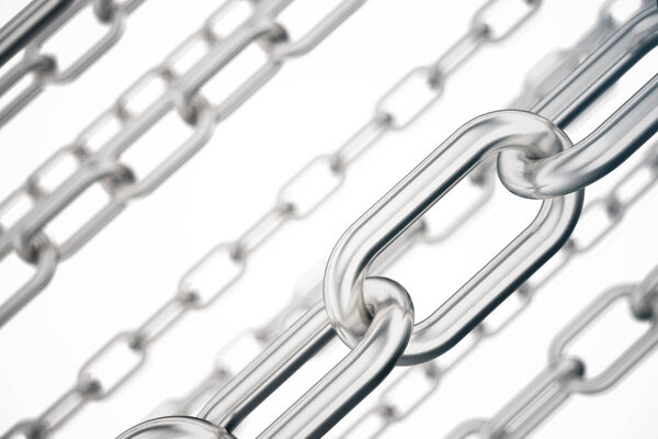 3D иллюстрации металлические цепи. Металл, стальные цепи изолированы на белом фоне. Металлические цепи для промышленности. Очень прочные металлические цепи, концепция успеха. Концепция прочной связи
