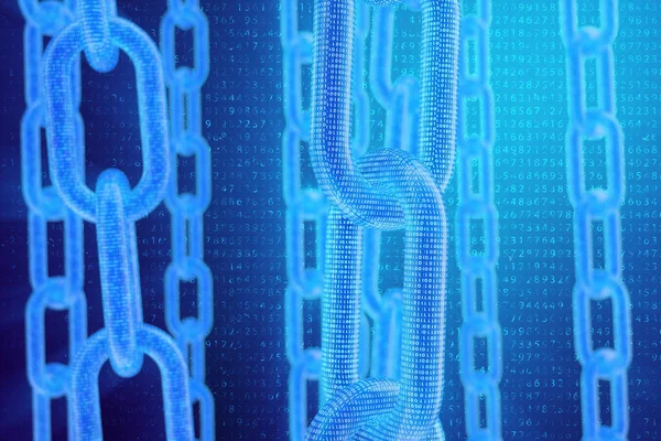 3D illüstrasyon dijital Blockchain kodu. Zincir bağlantıları ağı. Arka planda ikili kod. Ağ kavramı, cryptocurrencies internet iletişimi. Zincirler üzerinde ikili kod. Yenilikçi teknolojiler