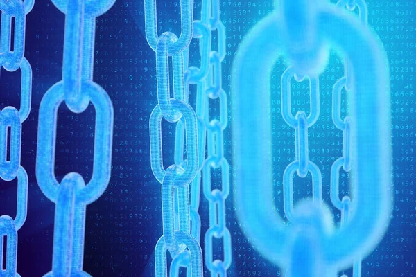 3D illüstrasyon dijital Blockchain kodu. Zincir bağlantıları ağı. Arka planda ikili kod. Ağ kavramı, cryptocurrencies internet iletişimi. Zincirler üzerinde ikili kod. Yenilikçi teknolojiler