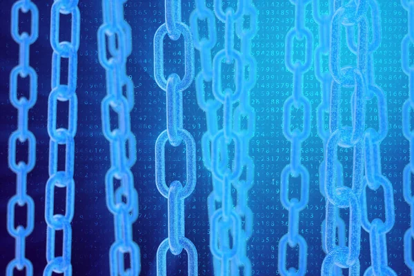 3D illüstrasyon dijital Blockchain kodu. Zincir bağlantıları ağı. Arka planda ikili kod. Ağ kavramı, cryptocurrencies internet iletişimi. Zincirler üzerinde ikili kod. Yenilikçi teknolojiler