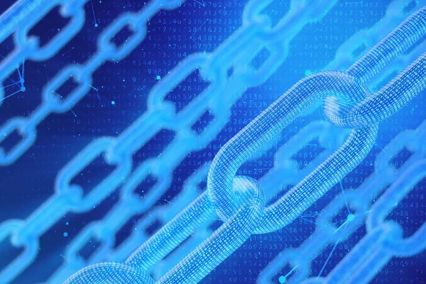 3D illustration digital blockchain code. Chain links network. Binary code on the background. Concept of Network, cryptocurrencies internet communication. Binary code on chains. Innovative technologies — Stock Photo, Image