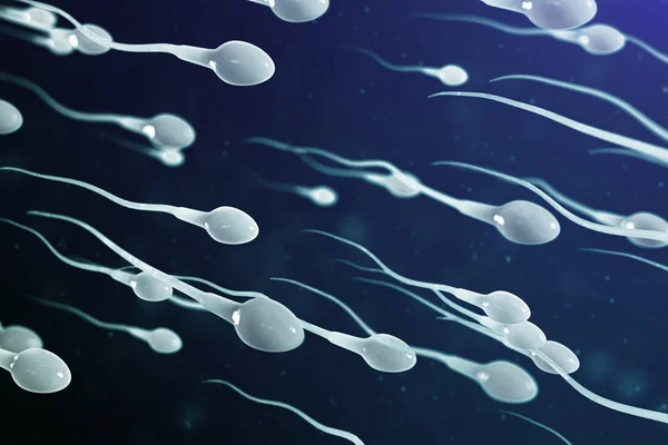 3d 说明精子接近卵细胞, 卵子。自然施肥-特写镜头。概念, 新生活的开始。显微镜下的精子, 运动精子 — 图库照片