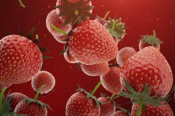 Ilustración 3D Fresa. Fresas frescas con hojas verdes sobre fondo rojo. Dulce fruta. Concepto de estilo de vida saludable y nutrición en general. Fondo para su sitio, diseño, plantilla, texto — Foto de Stock