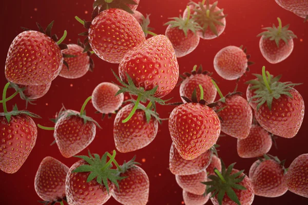Ilustracja 3D truskawka. Świeże truskawki z zielonymi liśćmi na czerwonym tle. Słodkie owoce. Koncepcja zdrowego stylu życia i żywienia w ogóle. Tło witryny, układu, szablonu, tekstu — Zdjęcie stockowe