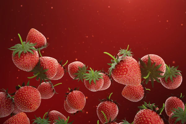 Ilustración 3D Fresa. Fresas frescas con hojas verdes sobre fondo rojo. Dulce fruta. Concepto de estilo de vida saludable y nutrición en general. Fondo para su sitio, diseño, plantilla, texto — Foto de Stock