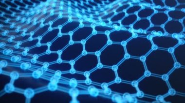 Soyut nanoteknoloji altıgen geometrik form yakın çekim, kavram grafen atomik yapısı, kavram grafen moleküler yapısı. Bilimsel kavram. Sorunsuz, döngüye uygun animasyon
