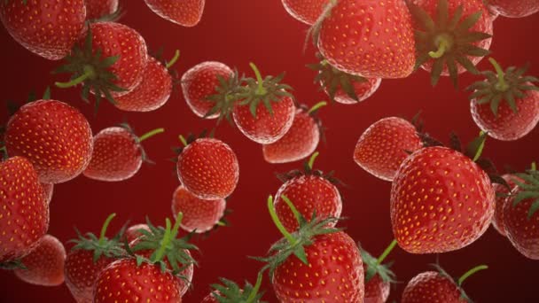 3D анимация Клубника. Свежая клубника с зелеными листьями на красном фоне. Милые фрукты. Концепция здорового образа жизни и питания в целом. Бесшовная анимация 4K — стоковое видео
