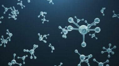3d animasyon molekül yapısı. Atomlar ve moleküller ile bilimsel tıbbi arka plan. Mavi arka plan. Afişiniz için bilimsel animasyon, metin. Molekül atomların kimyasal elementinden oluşur