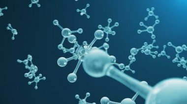 3d animasyon molekül yapısı. Atomlar ve moleküller ile bilimsel tıbbi arka plan. Mavi arka plan. Afişiniz için bilimsel animasyon, metin. Molekül atomların kimyasal elementinden oluşur