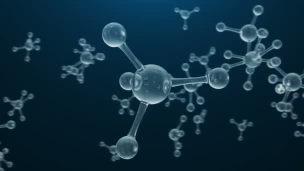 3D-animatie molecuulstructuur. Wetenschappelijke medische achtergrond met atomen en moleculen. Blauwe achtergrond. Naadloze wetenschappelijke achtergrond, lus animatie. Molecuul bestaat uit atomen chemisch element. — Stockvideo