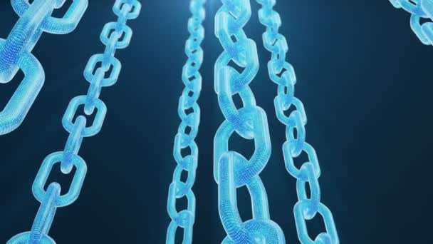 3D ilustracja cyfrowy kod Blockchain. Sieć łączy łańcuchowych. Niebieskie tło. Koncepcja sieci, kryptowaluty komunikacji internetowej. Kod binarny na łańcuchach. Płynne animacje w pętli 4K — Wideo stockowe