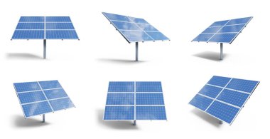 3d illüstrasyon güneş panelleri beyaz arka plan üzerinde izole. Yansıma güzel mavi gökyüzü ile güneş panelleri ayarlayın. Yenilenebilir enerji kavramı. Ekolojik, temiz enerji. Eko, yeşil enerji. Güneş pilleri.