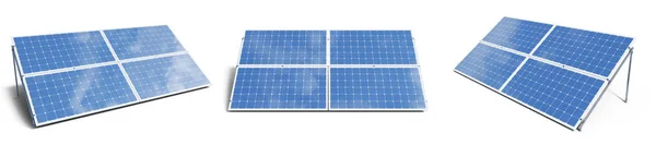 3D illustration solar panels isolated on white background. Set solar panels with reflection beautiful blue sky. Concept of renewable energy. Ecological, clean energy. Eco, green energy. Solar cells. — Stock Photo, Image