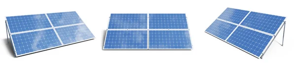 3D illustratie zonnepanelen geïsoleerd op witte achtergrond. Stel zonnepanelen met reflectie mooie blauwe lucht. Concept van hernieuwbare energie. Ecologische, schone energie. Eco, groene energie. Zonnecellen. — Stockfoto