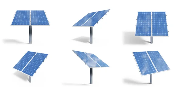 3D illustration solar panels isolated on white background. Set solar panels with reflection beautiful blue sky. Concept of renewable energy. Ecological, clean energy. Eco, green energy. Solar cells. — Stock Photo, Image