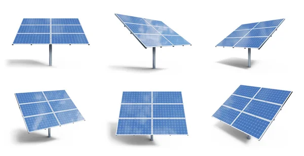 Illustration 3D panneaux solaires isolés sur fond blanc. Set panneaux solaires avec reflet beau ciel bleu. Concept d'énergie renouvelable. Énergie écologique et propre. Eco, énergie verte. Cellules solaires . — Photo