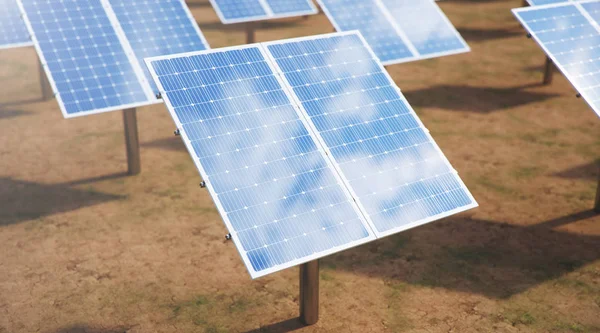 3d 插图 太阳能电池板。替代能源。可再生能源的概念。生态、清洁能源。太阳能电池板，光伏与反射美丽的蓝天。沙漠中的太阳能电池板 — 图库照片