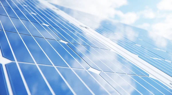 3D illustratie zonnepanelen close-up. Alternatieve energie. Concept van hernieuwbare energie. Ecologische, schone energie. Zonnepanelen, fotovoltaïsche met reflectie mooie blauwe hemel. — Stockfoto