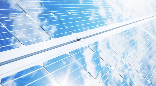 3D illustratie zonnepanelen close-up. Alternatieve energie. Concept van hernieuwbare energie. Ecologische, schone energie. Zonnepanelen, fotovoltaïsche met reflectie mooie blauwe hemel. — Stockfoto