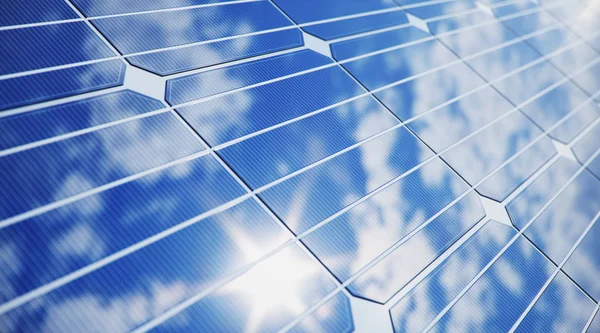 Ilustración 3D paneles solares de primer plano. Energía alternativa. Concepto de energía renovable. Energía ecológica y limpia. Paneles solares, fotovoltaicos con reflejo hermoso cielo azul . — Foto de Stock