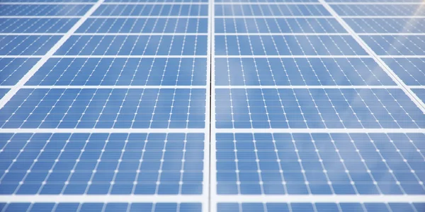 3D illustration solar panels background. Solar panels, photovoltaic panels with reflection beautiful blue sky. Concept of renewable energy. Ecological, clean energy. Eco, green energy. Solar cells. — Stock Photo, Image