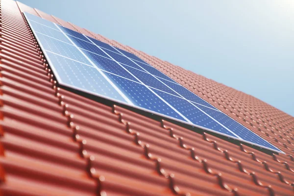 3D illustration solar panels on a red roof of a house. Solar panels with reflection beautiful blue sky. Concept of renewable energy. Ecological, clean energy. Green energy. Photovoltaic Solar cells — Stock Photo, Image