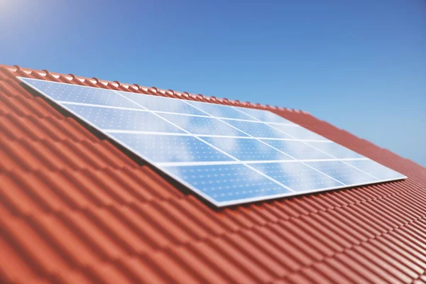 3D ilustrace solární panely na červené střeše domu. Solární panely s odrazem nádherné modré oblohy. Koncept obnovitelné energie. Ekologická, čistá energie. Zelená energie. Fotovoltaické solární buňky — Stock fotografie