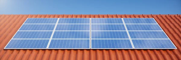 3D illustration solar panels on a red roof of a house. Solar panels with reflection beautiful blue sky. Concept of renewable energy. Ecological, clean energy. Green energy. Photovoltaic Solar cells — Stock Photo, Image