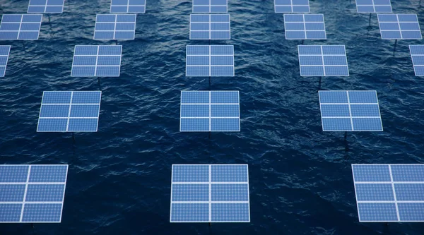 3D illustration solar panels in the sea or ocean. Alternative energy. Concept of renewable energy. Ecological, clean energy. Solar panels, photovoltaic with reflection beautiful blue sky.