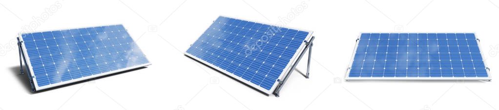 3D illustration solar panels isolated on white background. Set solar panels with reflection beautiful blue sky. Concept of renewable energy. Ecological, clean energy. Eco, green energy. Solar cells.