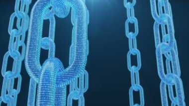3d illüstrasyon dijital blockchain kodu. Zincir bağlantıları ağı. Mavi arka plan. Ağ Kavramı, kripto para internet iletişimi. Zincirler üzerinde ikili kod. Sorunsuz döngü 4k animasyon