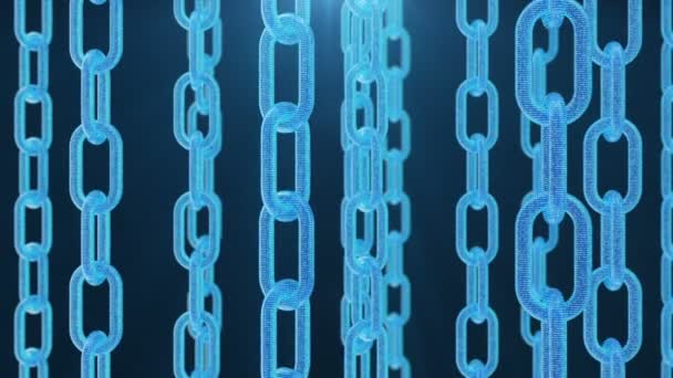 Ilustração 3D código blockchain digital. Rede de ligações em cadeia. Fundo azul. Conceito de rede, comunicação de internet cryptocurrencies. Código binário em correntes. Animação sem costura loop 4K — Vídeo de Stock