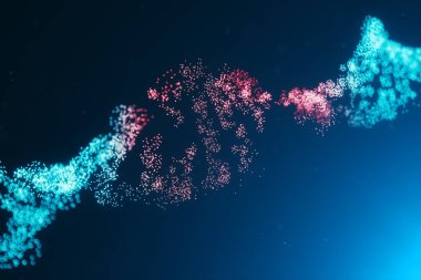 3d illüstrasyon Virüs Dna molekülü, yapısı. Kavram insan genomunu yok etti. Dna molekülüne zarar ver. Helis parçacık, nokta oluşan. Gen mutasyonuna veya deneye bağlı DNA yıkımı.