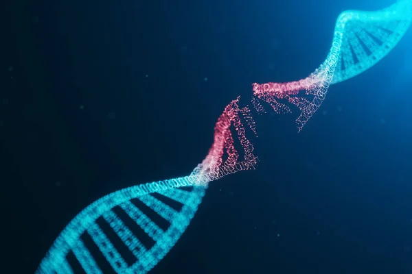 Απεικόνιση 3D ιός DNA μόριο, δομή. Η έννοια κατέστρεψε το ανθρώπινο γονιδίωμα. Το μόριο DNA ζημιάς. Η έλικα αποτελείται από σωματίδια, τελείες. Καταστροφή DNA λόγω μετάλλαξης γονιδίων ή πειράματος. — Φωτογραφία Αρχείου