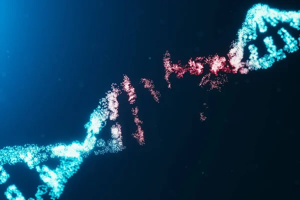 3D illustration Virus DNA molecule, structure. Concept destroyed code human genome. Damage DNA molecule. Helix consisting particle, dots. DNA destruction due to gene mutation or experiment.