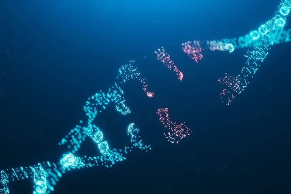 3D illustration Virus DNA molecule, structure. Concept destroyed code human genome. Damage DNA molecule. Helix consisting particle, dots. DNA destruction due to gene mutation or experiment.