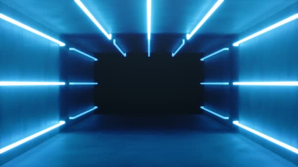 루프 3D 애니메이션, 파란색 빛나는 네온 램프, 형광 등과 원활한 추상적 인 파란색 방 인테리어. 미래 지향적 인 건축 배경. 콘크리트 벽 상자입니다. 디자인 프로젝트를 위한 모형 — 비디오