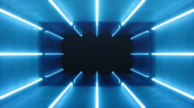 Looped 3d animasyon, mavi parlayan neon lambalar, floresan lambalar ile sorunsuz soyut mavi oda iç. Fütüristik mimari arka plan. Beton duvarlı kutu. Tasarım projeniz için maket