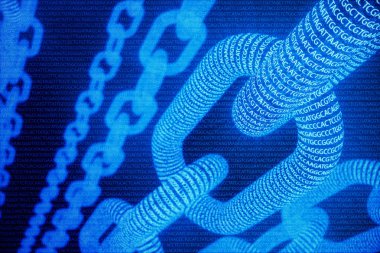 Zincir kavramı ile soyut arka plan. Tıbbi Blockchain. Dna Baz Çiftleri Blockchain. Adenin, timin, sitozin ve guanin DNA'da dört nükleotittir - Atcg, 3d Rendering