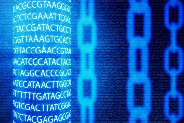Zincir kavramı ile soyut arka plan. Tıbbi Blockchain. Dna Baz Çiftleri Blockchain. Adenin, timin, sitozin ve guanin DNA'da dört nükleotittir - Atcg, 3d Rendering